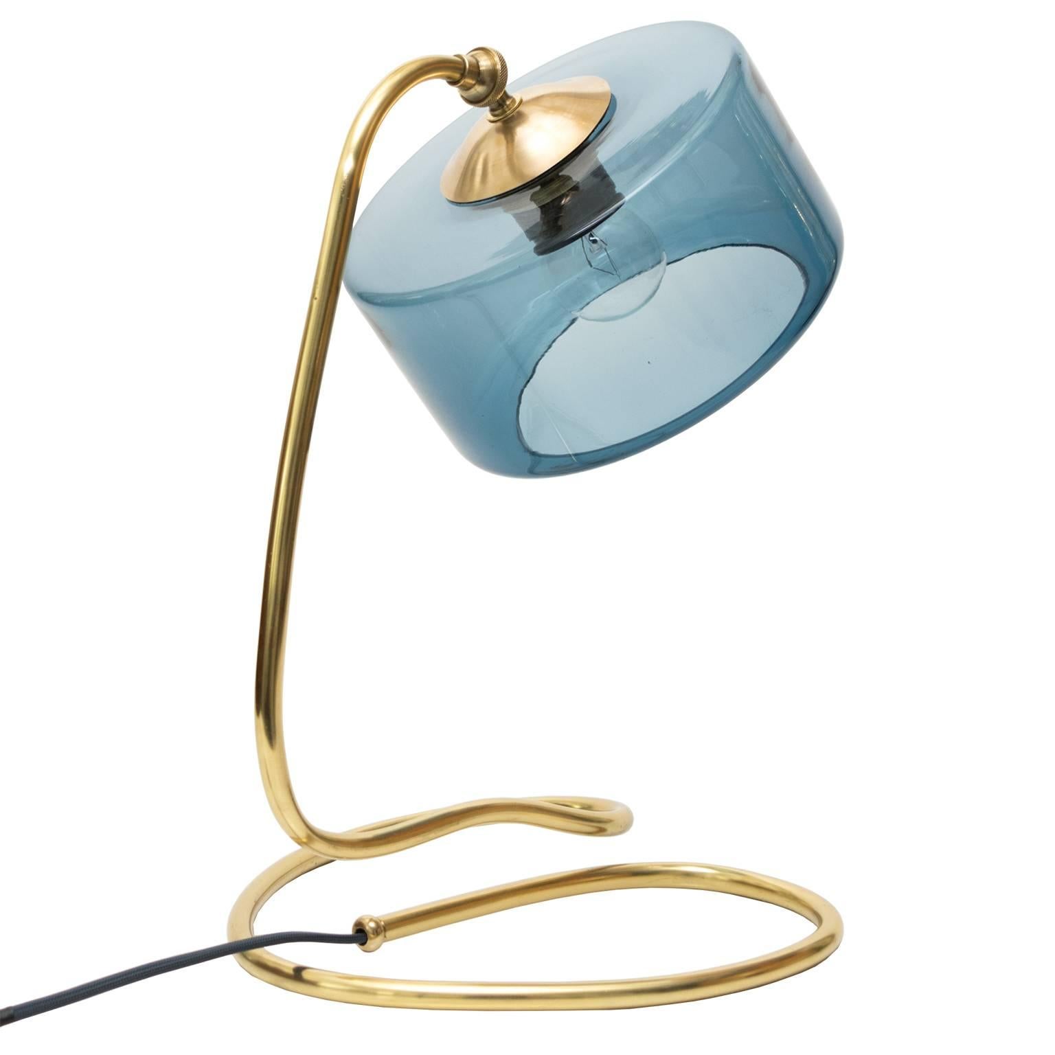 Scandinavian Modern Brass Lamp with Coil Base and Blue Glass Shade