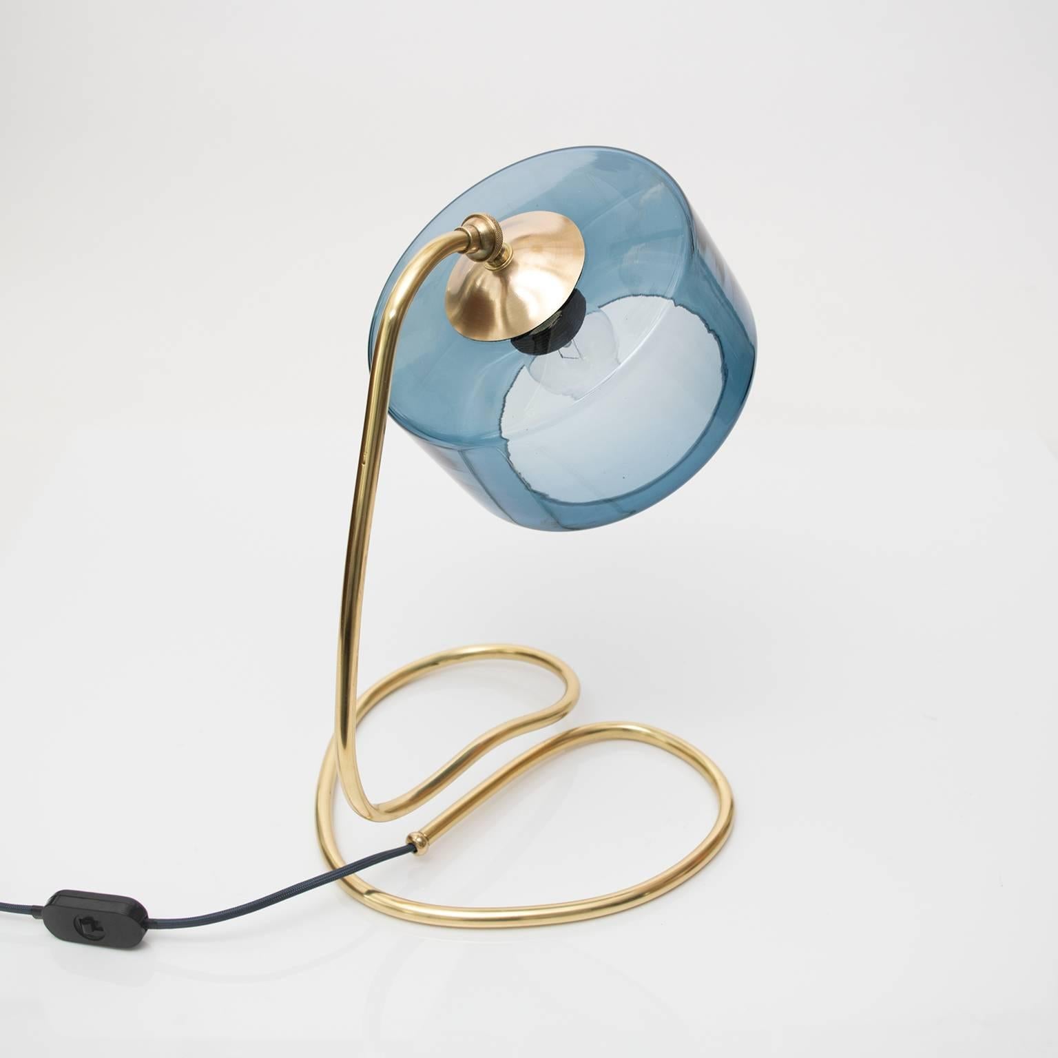 Polished Scandinavian Modern Brass Lamp with Coil Base and Blue Glass Shade