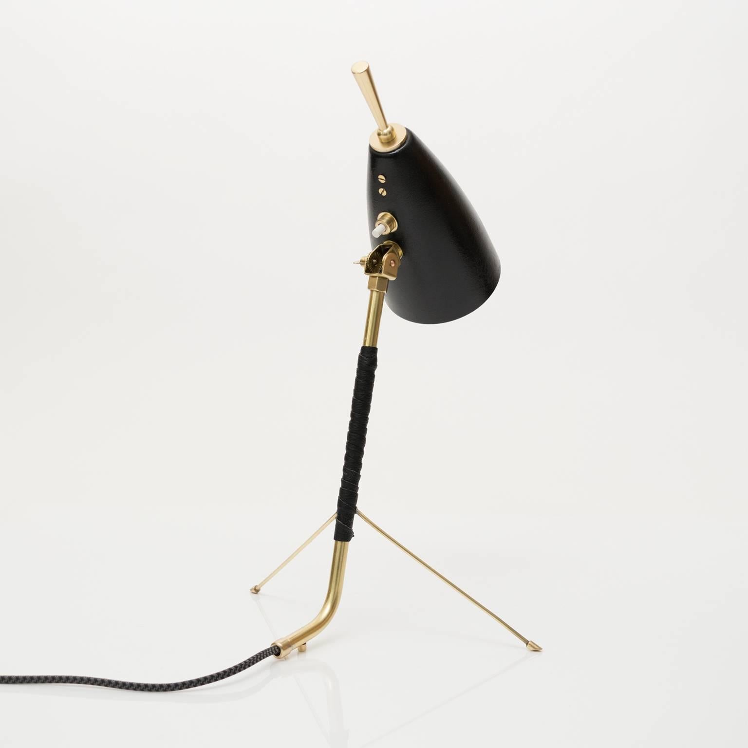 Polished Scandinavian Modern Brass and Leather Tripod Desk Lamp
