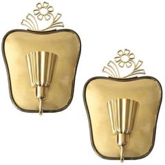 Scandinavian Modern, Lars Holmstrom Brass Sconces with Flowers