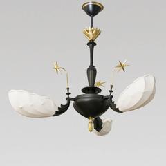 Scandinavian Modern, Art Deco Patinated and Polished Brass Three-Arm Chandelier
