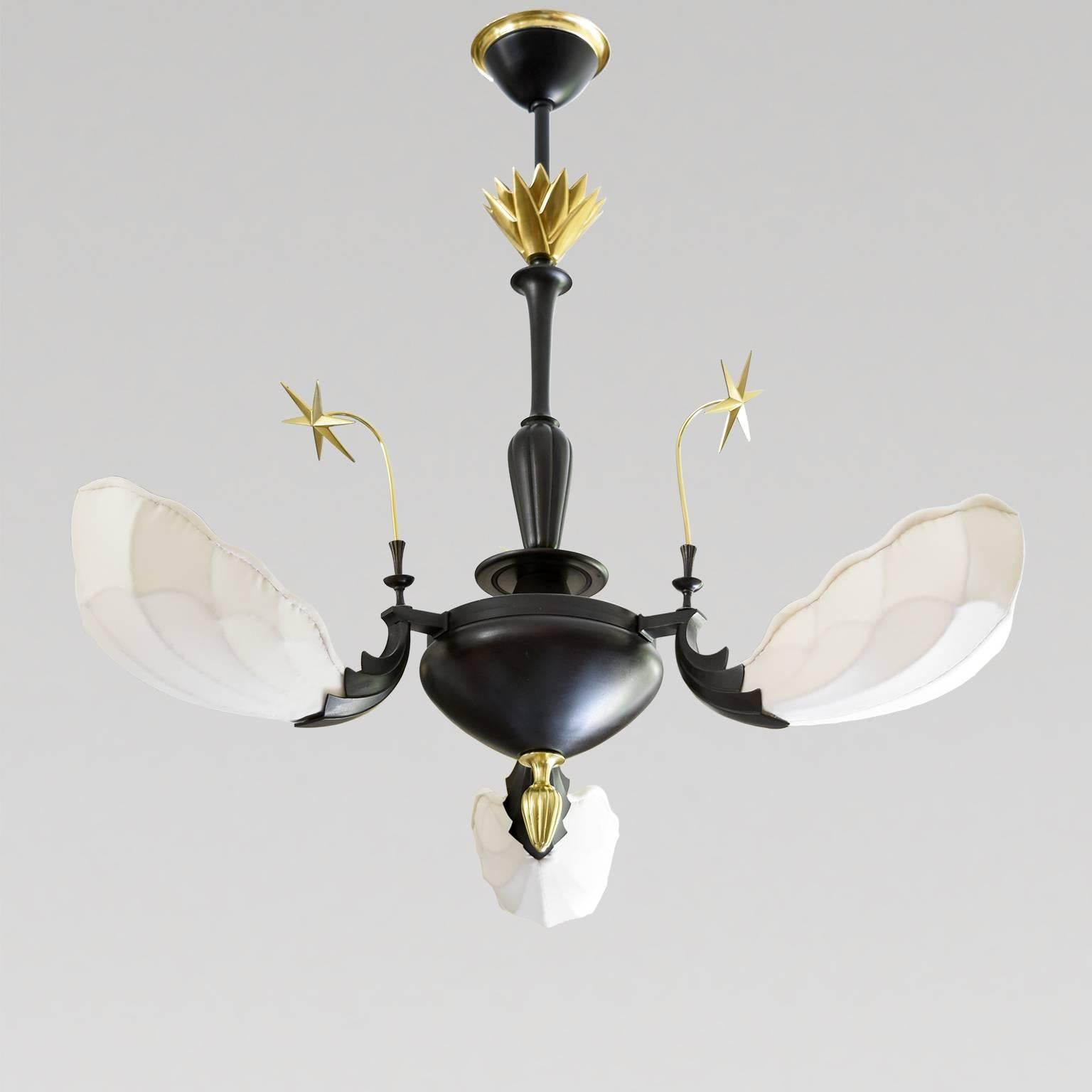 Scandinavian Modern, Art Deco Patinated and Polished Brass Three-Arm Chandelier In Excellent Condition In New York, NY