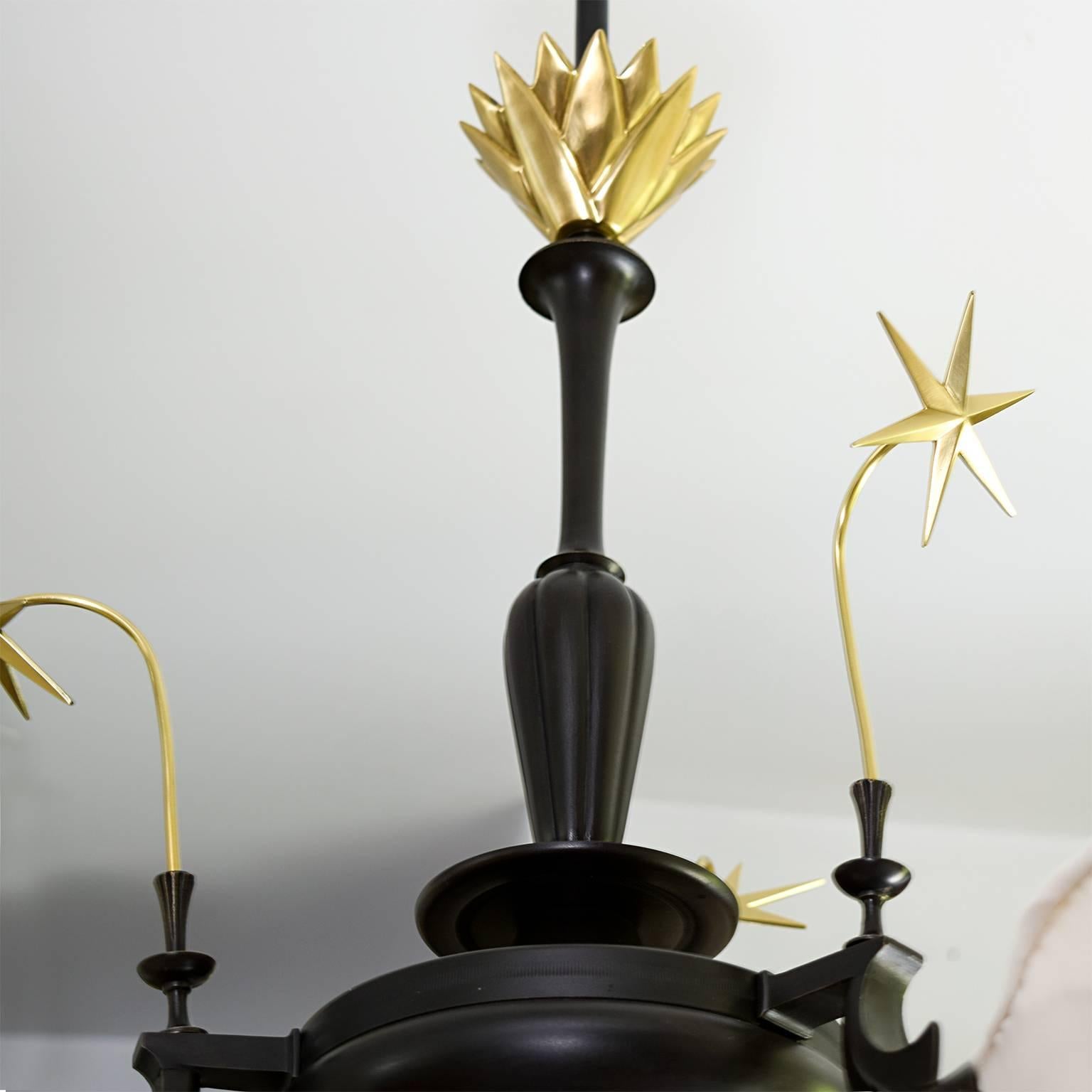 Scandinavian Modern, Art Deco Patinated and Polished Brass Three-Arm Chandelier For Sale 1