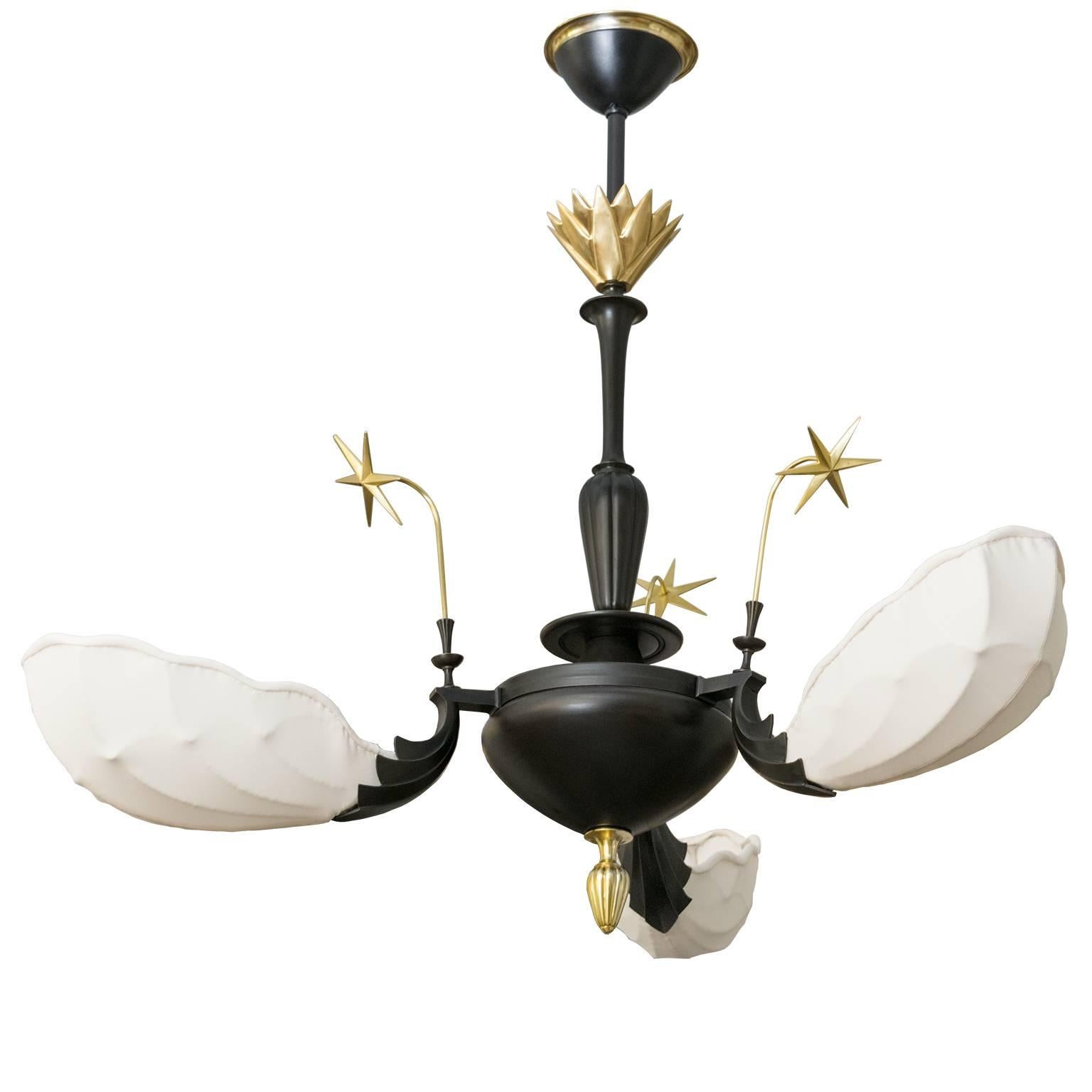 Scandinavian Modern, Art Deco Patinated and Polished Brass Three-Arm Chandelier For Sale