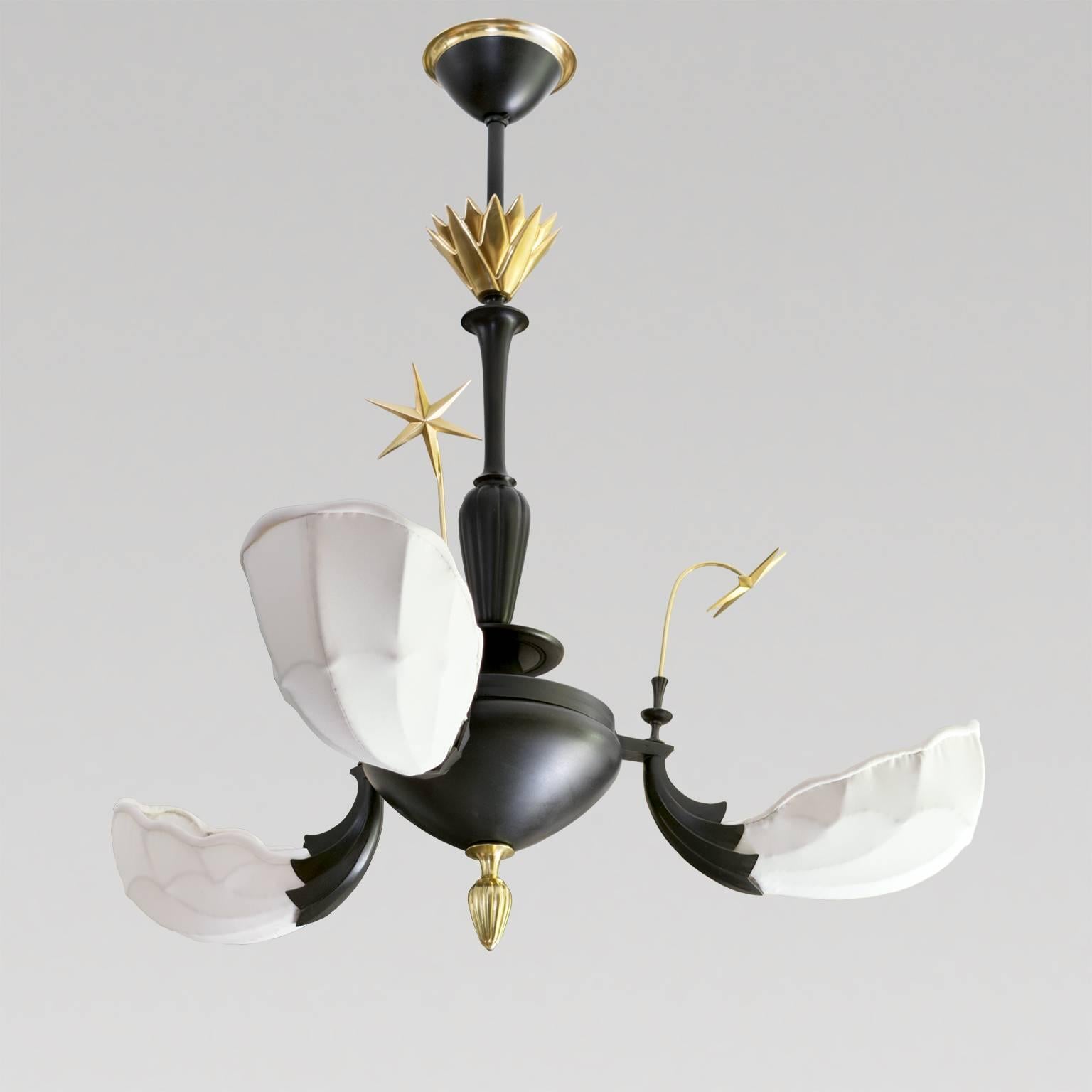 20th Century Scandinavian Modern, Art Deco Patinated and Polished Brass Three-Arm Chandelier For Sale