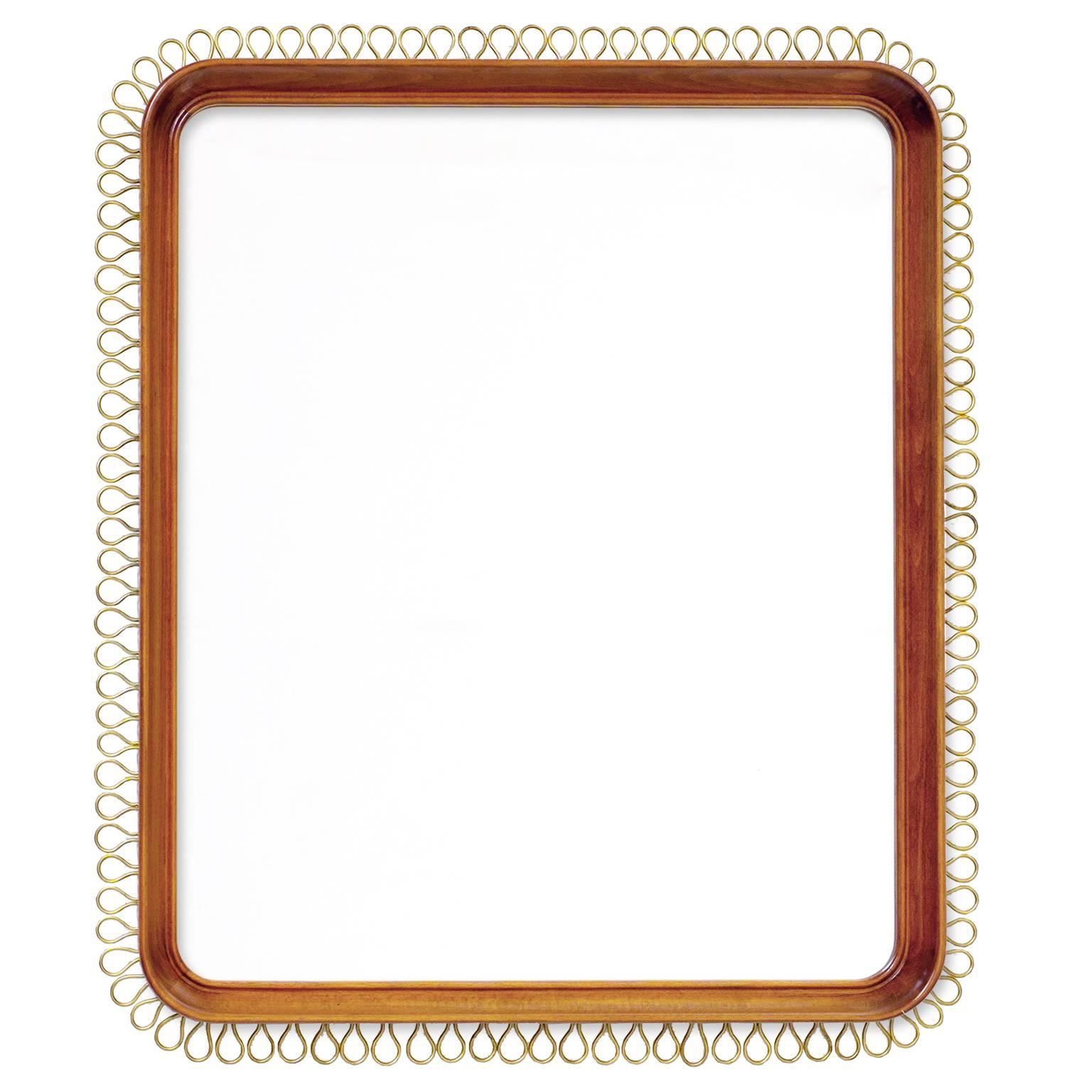 Scandinavian Modern Mahogany Mirror with Polished Brass Trim 1