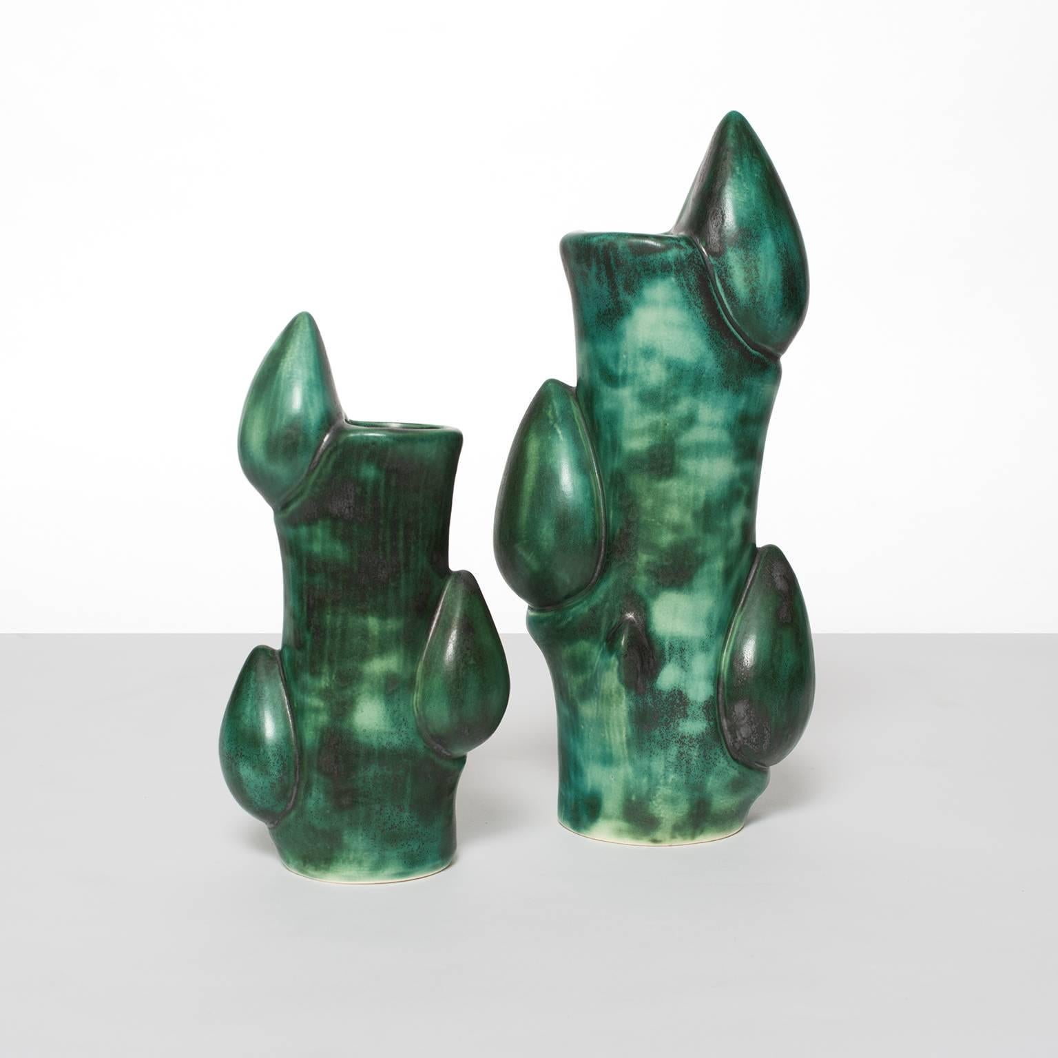 One large and one smaller Danish Mid-Century Modern ceramic vases by Knud Basse for Michael Andersen & Sons. These 