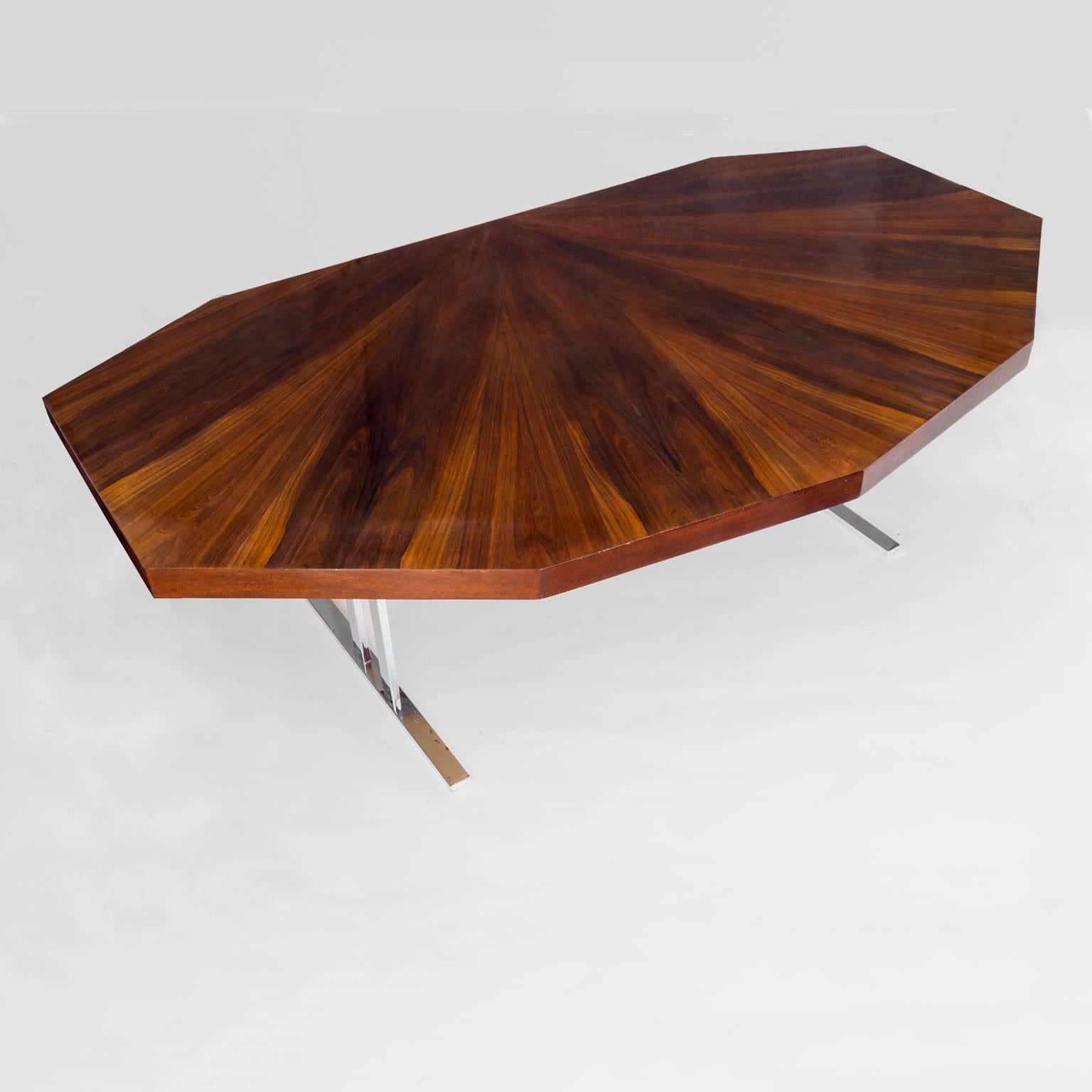 Scandinavian Modern Rosewood Dining Table with Nine Angled Sides on Chrome Legs  In Excellent Condition In New York, NY