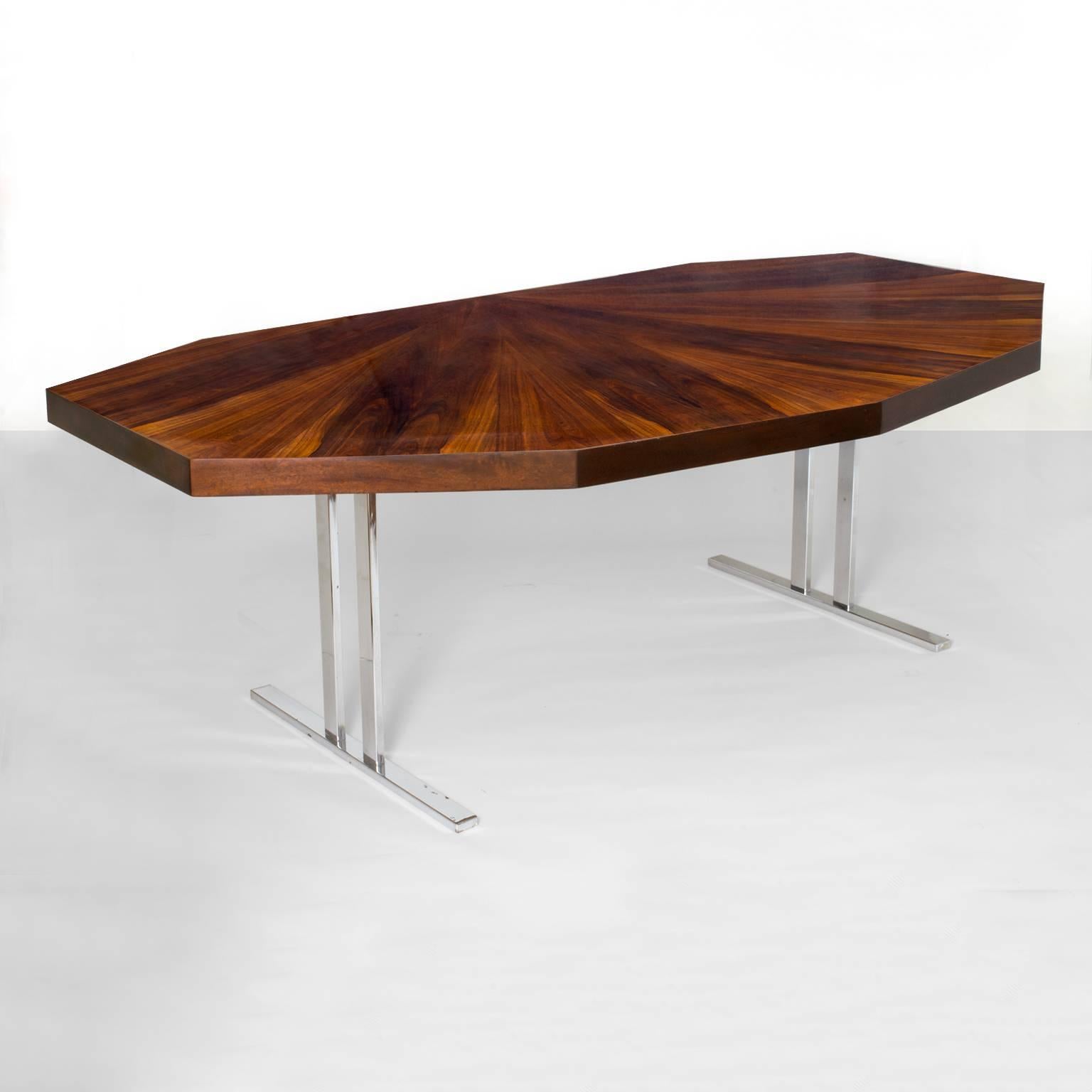 Plated Scandinavian Modern Rosewood Dining Table with Nine Angled Sides on Chrome Legs 