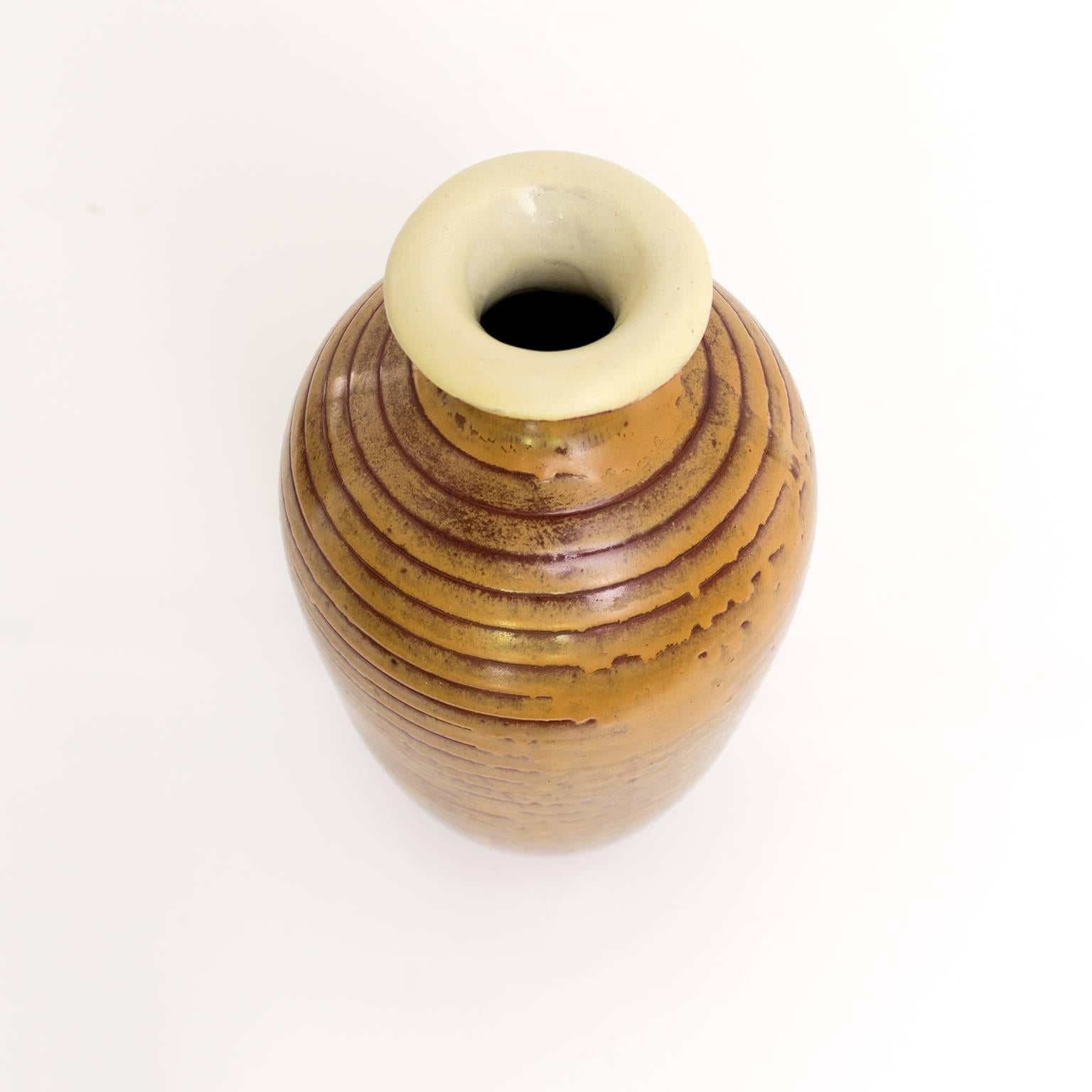Glazed Swedish Art Deco Ceramic Vase with Horizontal Lines Made by Anna-Lisa Thomson