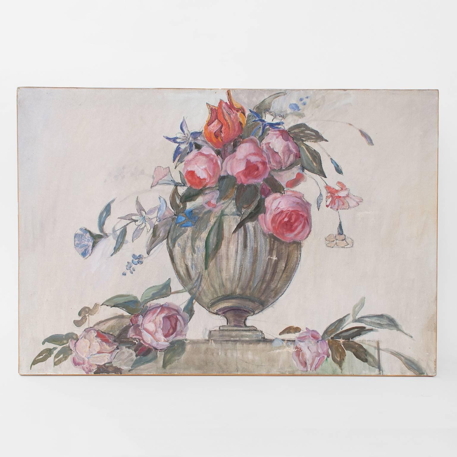 Painting, oil on canvas by Swedish artist Helene Herslow (1875-1944) depicting an urn filled with various flowers as seen from a lower perspective. Unframed in good condition with some scratches to the surface. Painted circa 1920s.
 
Measures: