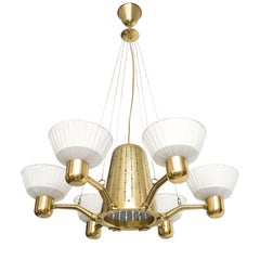 Hans Bergstrom, Scandinavian Modern 6-Arm Brass Chandelier Fabric Shades