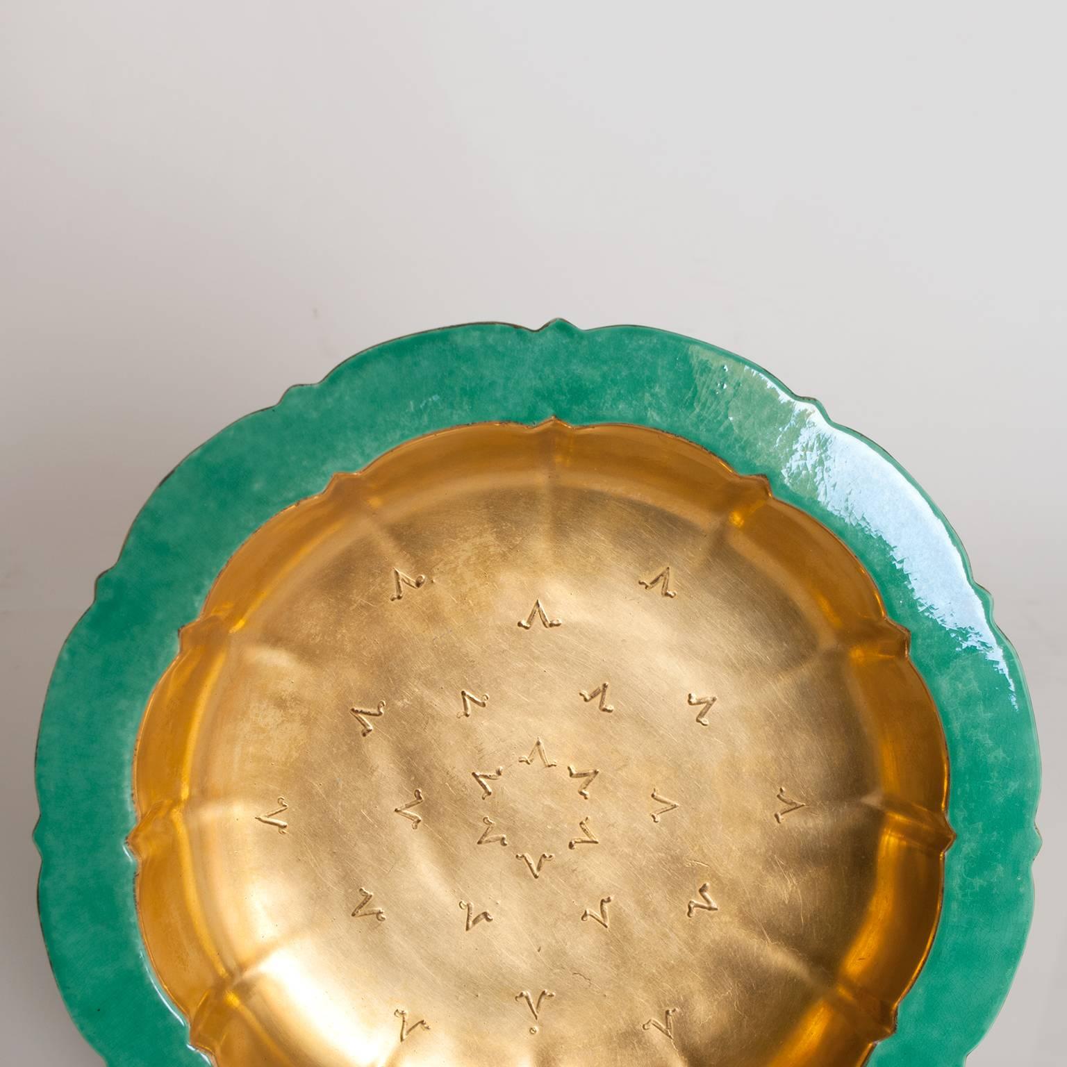 Ceramic Scandinavian Modern Bowl by Wilhelm Kage for Gustavsberg Gold and Green