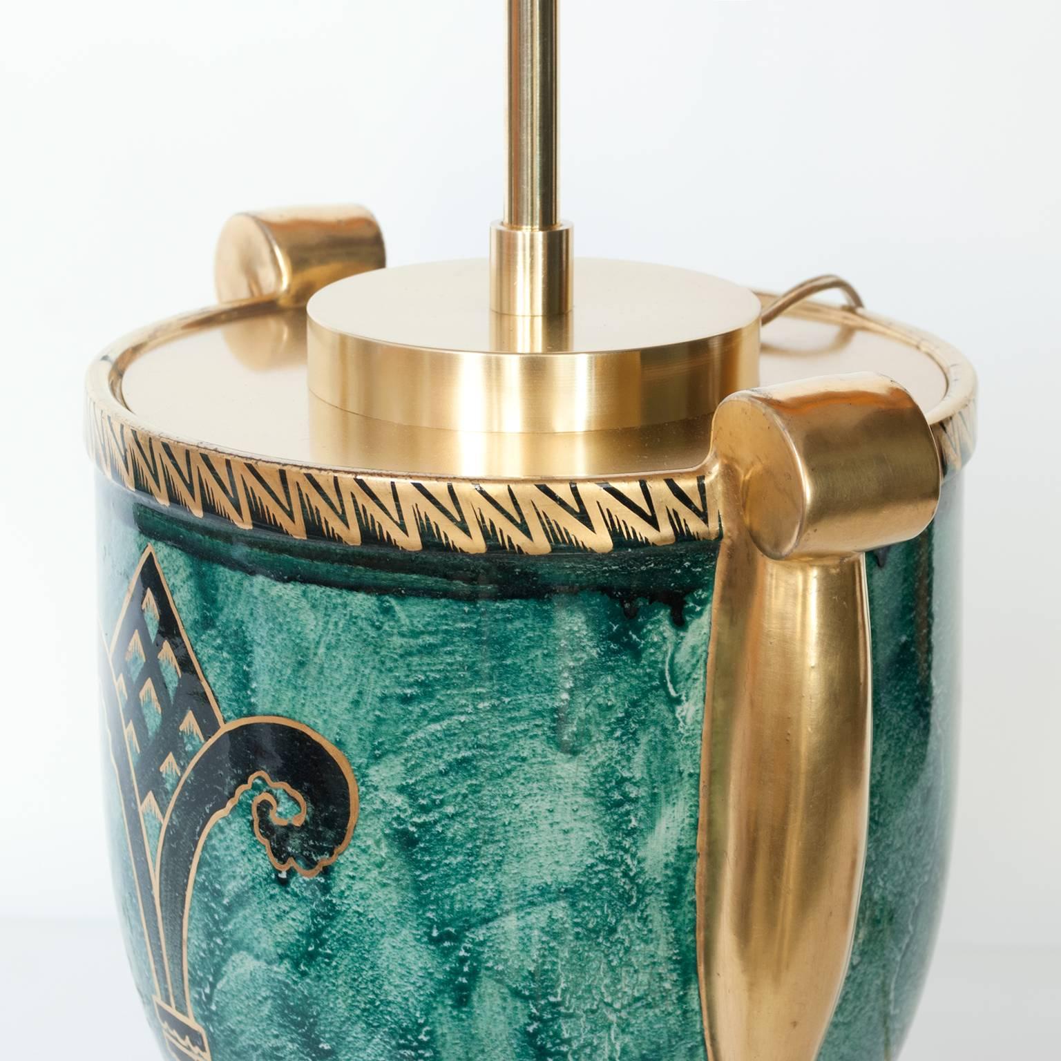 Scandinavian Modern Lamp in Luster Glaze and Hand-Decorated in Gold In Excellent Condition In New York, NY