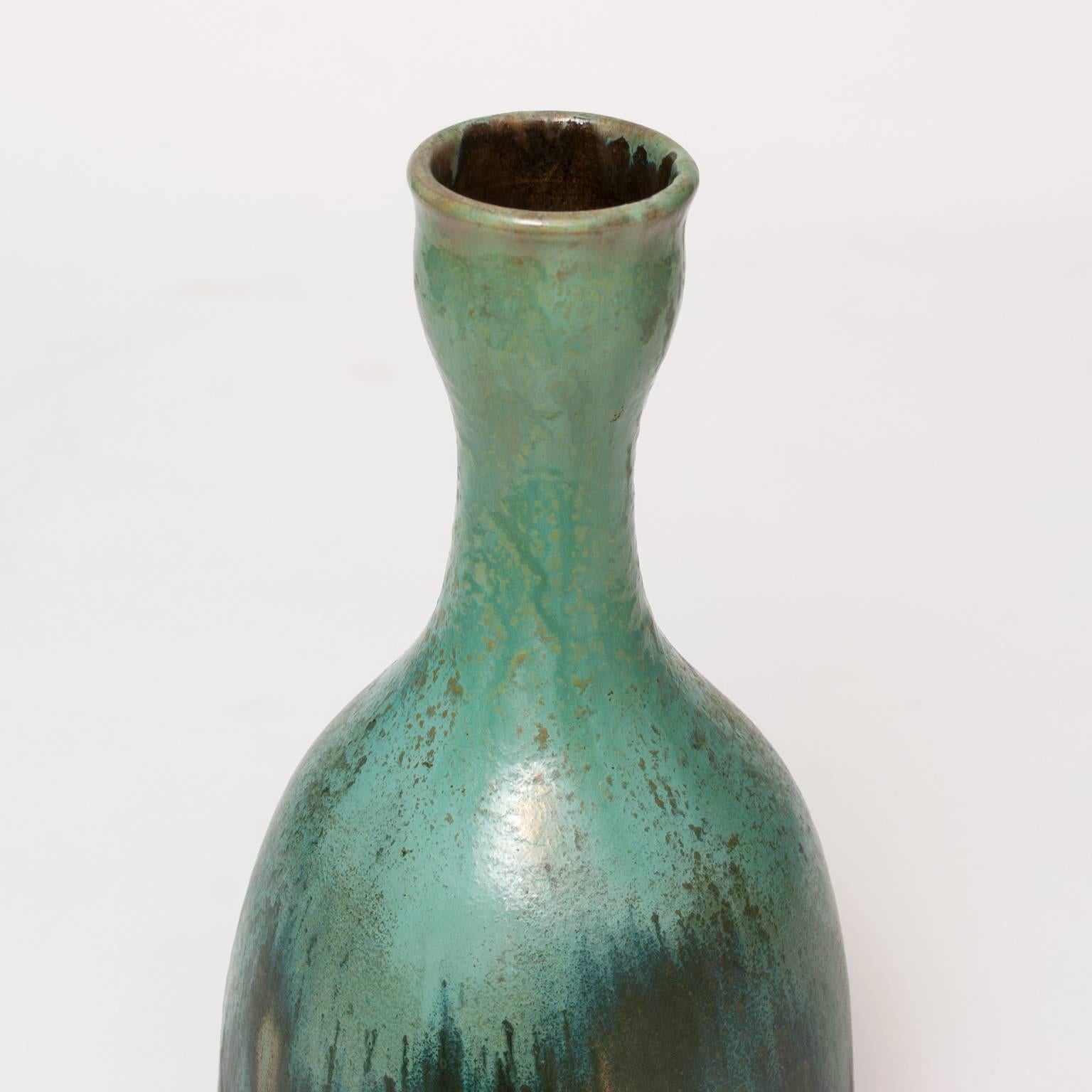 Swedish Art Deco Ceramic Vase with Green and Brown Glazes from Bo Fajans In Good Condition In New York, NY