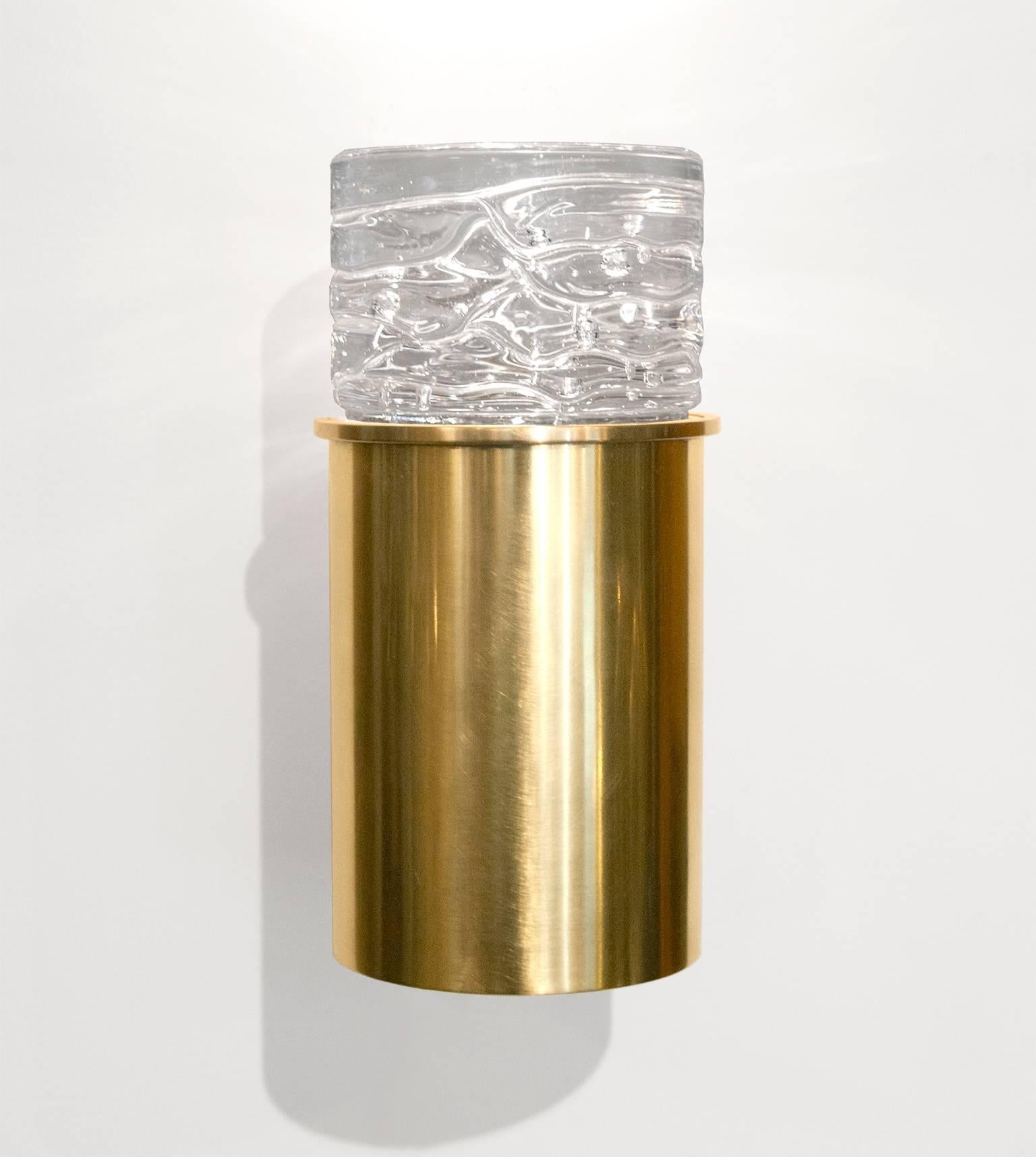 20th Century Scandinavian Modern Polished Brass Cylindrical Sconces with Solid Crystal Tops For Sale