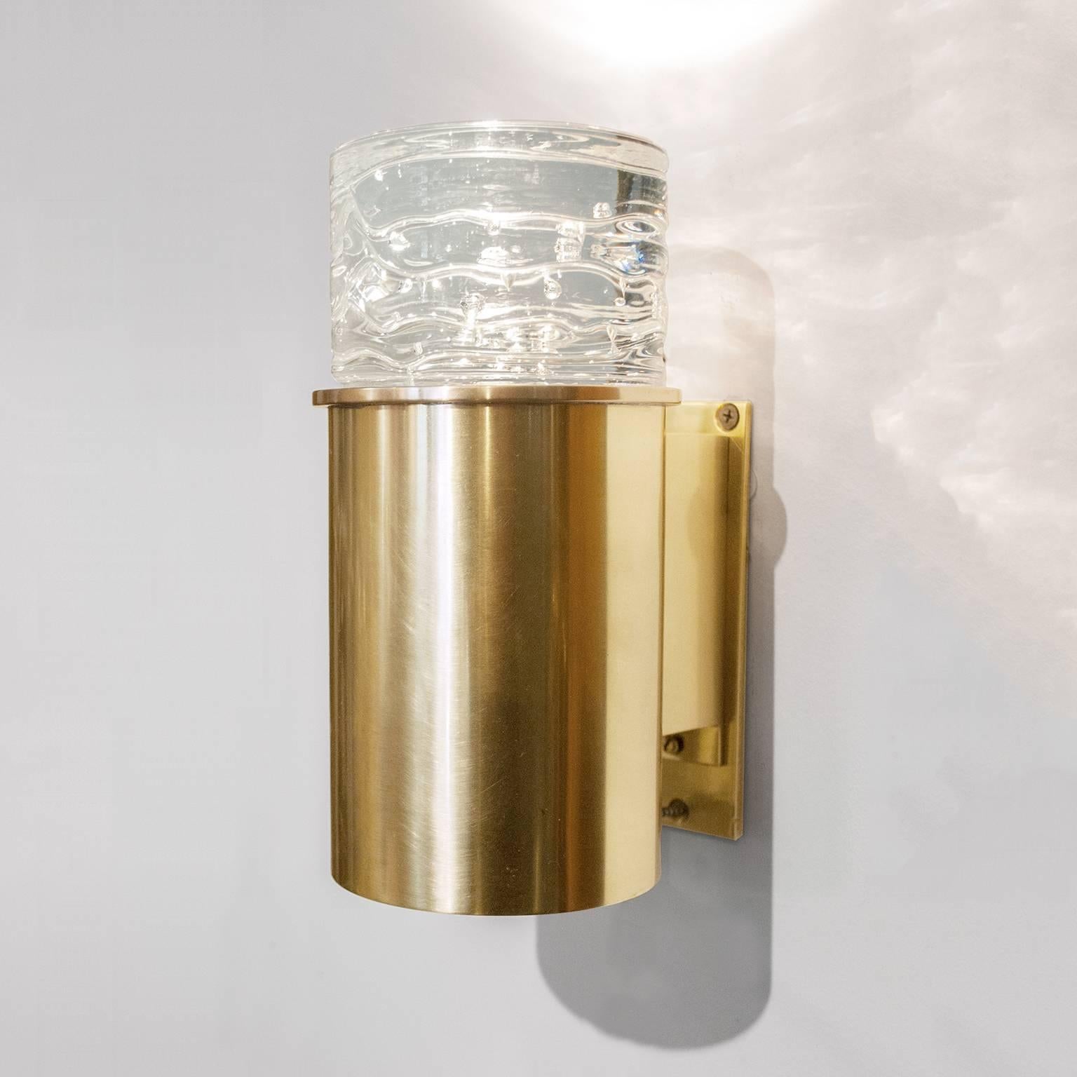 Scandinavian Modern Polished Brass Cylindrical Sconces with Solid Crystal Tops In Excellent Condition For Sale In New York, NY