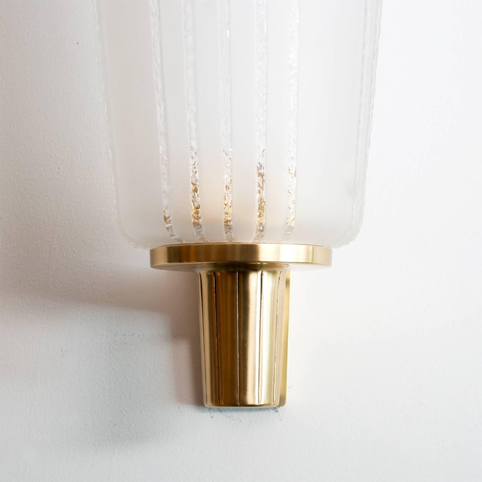 20th Century Large Pair of Scandinavian Modern Etched Glass and Brass Sconces Orrefors