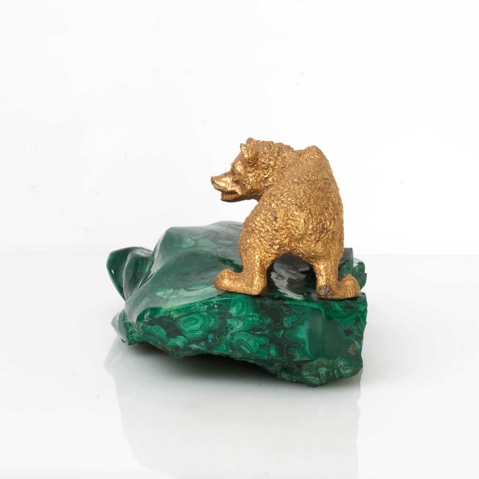Russian Gilded Bronze Bear Cub Sculpture on a Sold Piece of Malachite In Excellent Condition In New York, NY