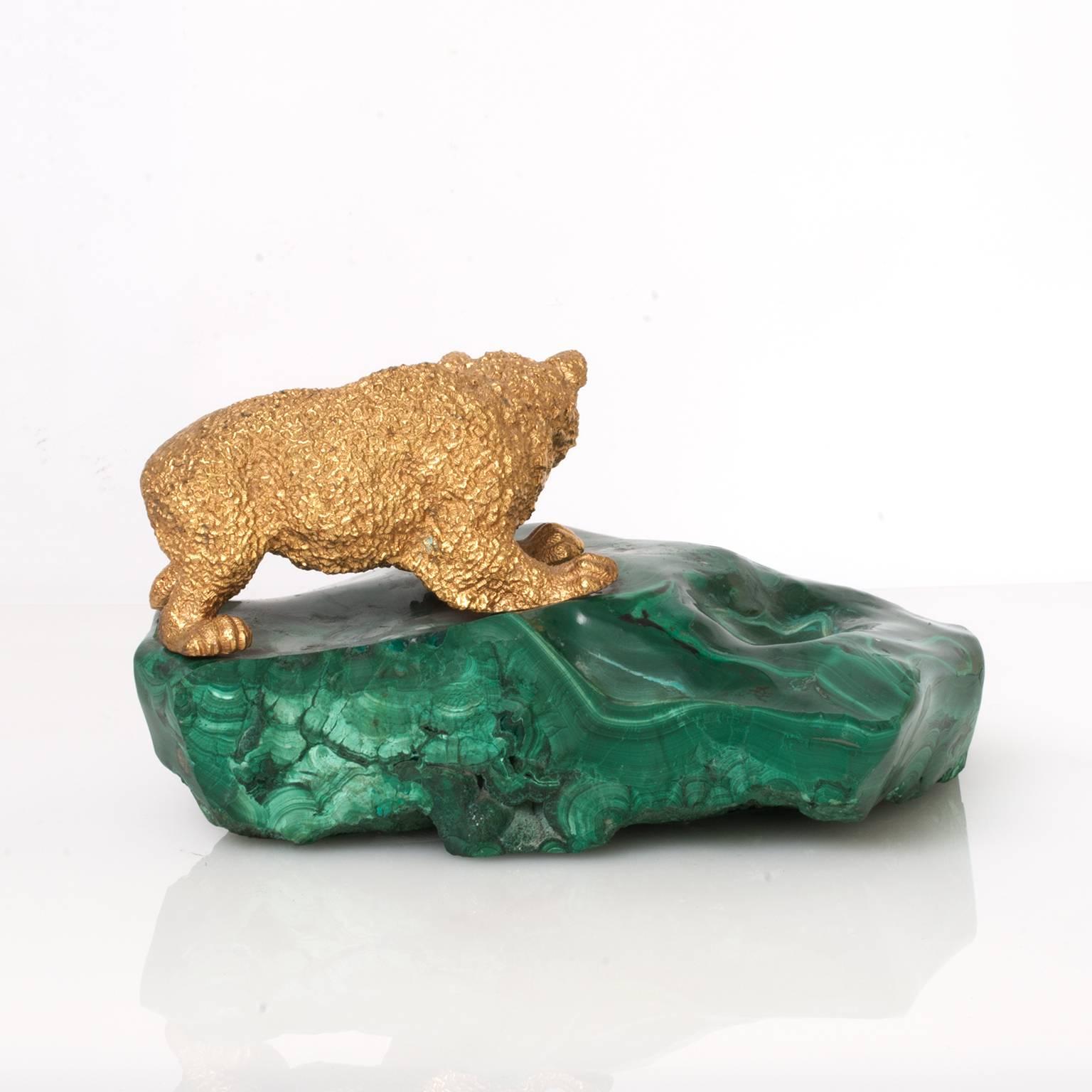 20th Century Russian Gilded Bronze Bear Cub Sculpture on a Sold Piece of Malachite