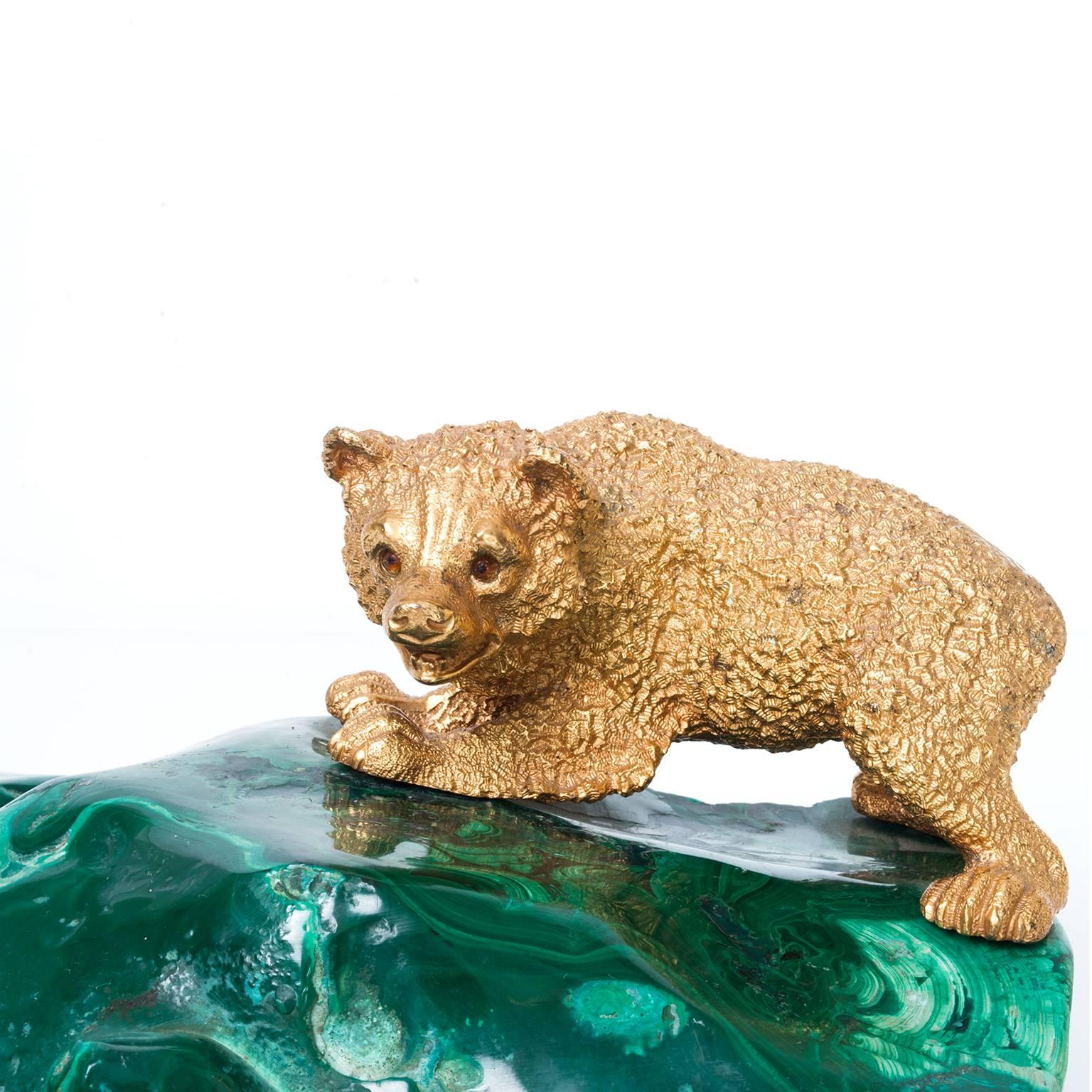 Art Deco Russian Gilded Bronze Bear Cub Sculpture on a Sold Piece of Malachite