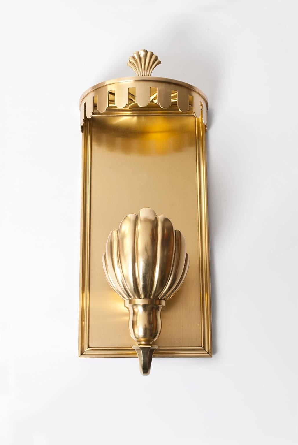 Scandinavian Modern Large Pair of Swedish Grace, Art Deco Sconces in Polished Brass For Sale