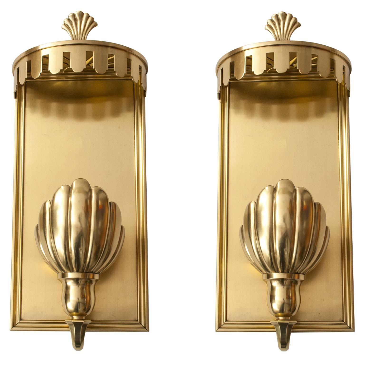 Large Pair of Swedish Grace, Art Deco Sconces in Polished Brass For Sale