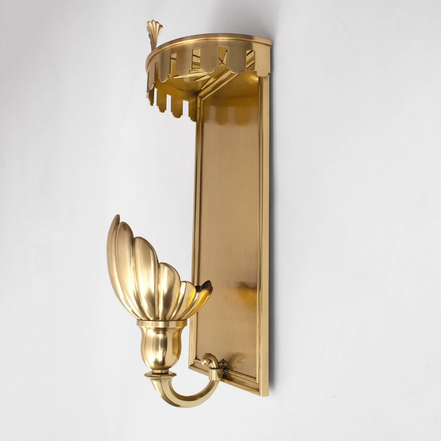 Scandinavian Large Pair of Swedish Grace, Art Deco Sconces in Polished Brass For Sale
