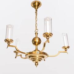 Scandinavian Modern Five-Arm Brass Chandelier with Cylindrical Glass Shades