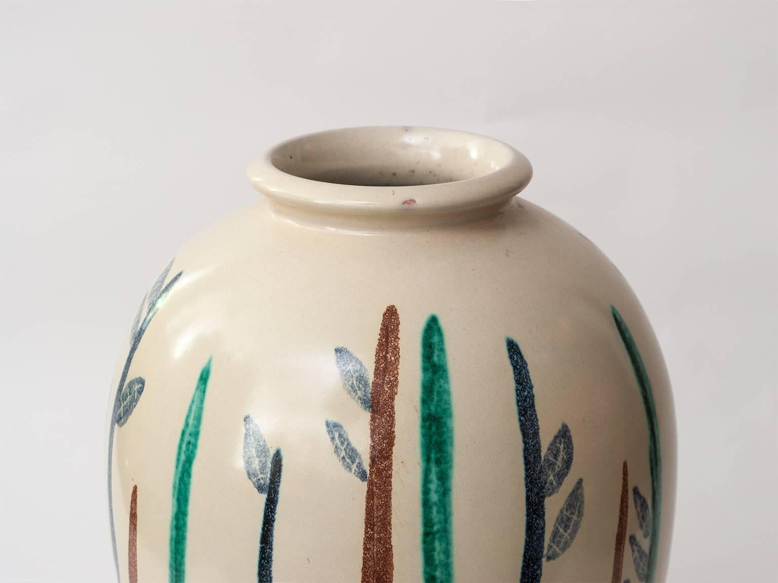 Glazed Large Scandinavian Modern Studio Vase with Hand-Painted Design by Mette Doller