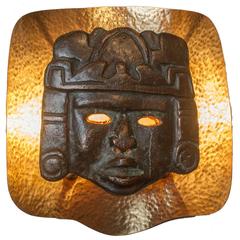 Large Midcentury Modern Brass Sconce with Patinated Bronze Mayan Mask