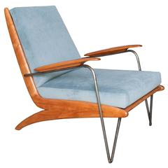 French Midcentury Sleek Steel and Carved Walnut Lounge Chair 