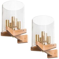 Pair of Scandinavian Modern Wood, Brass, and Glass Sconces, Hans-Agne Jacobsson