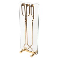 Scandinavian Modern Fire Tool Set in Solid Brass on Polished Glass Stand
