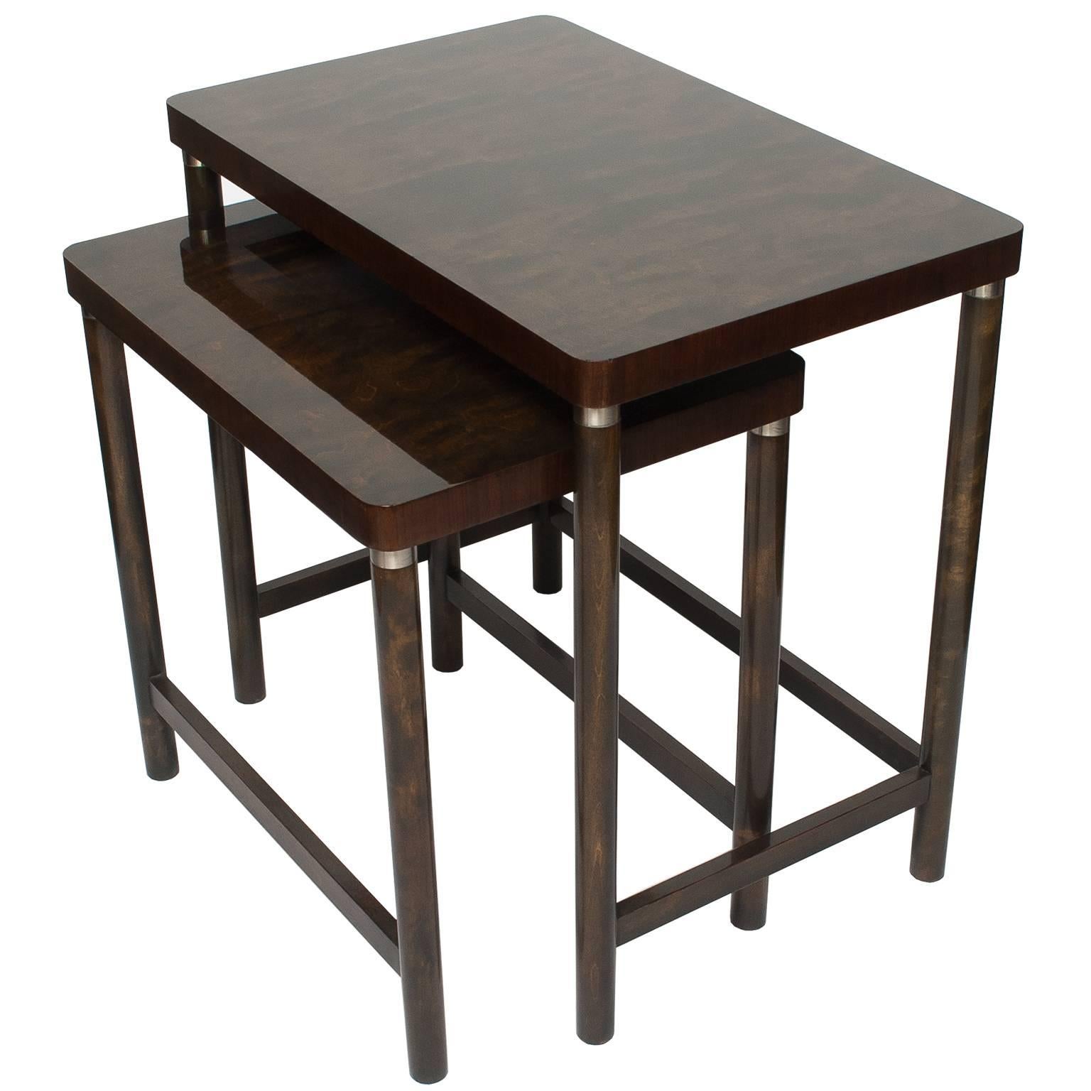 Scandinavian Modern Set of Two Nesting Tables in Stained Birch and Mahogany