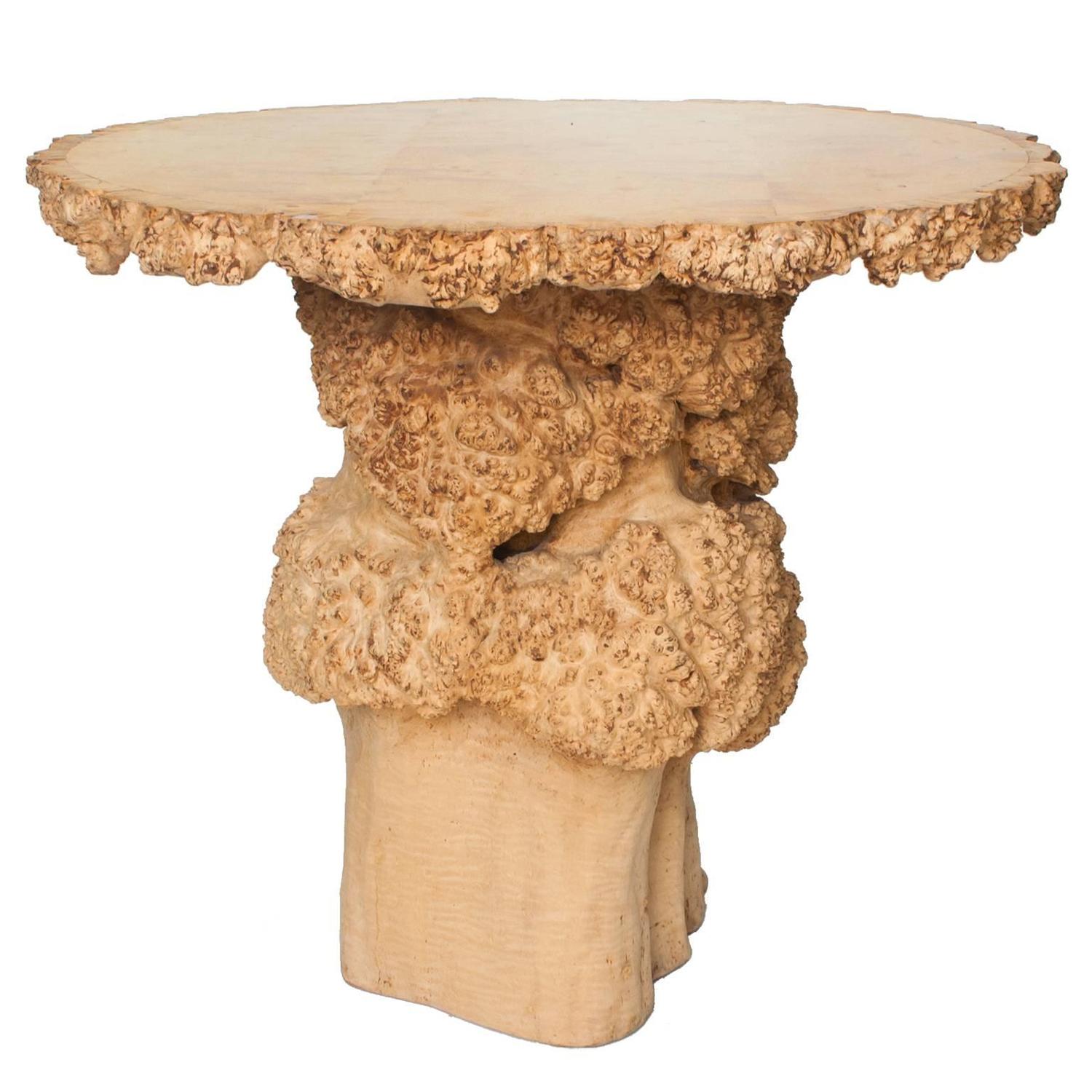 Scandinavian Modern Tree Trunk Table with Burl and Birch Top For Sale