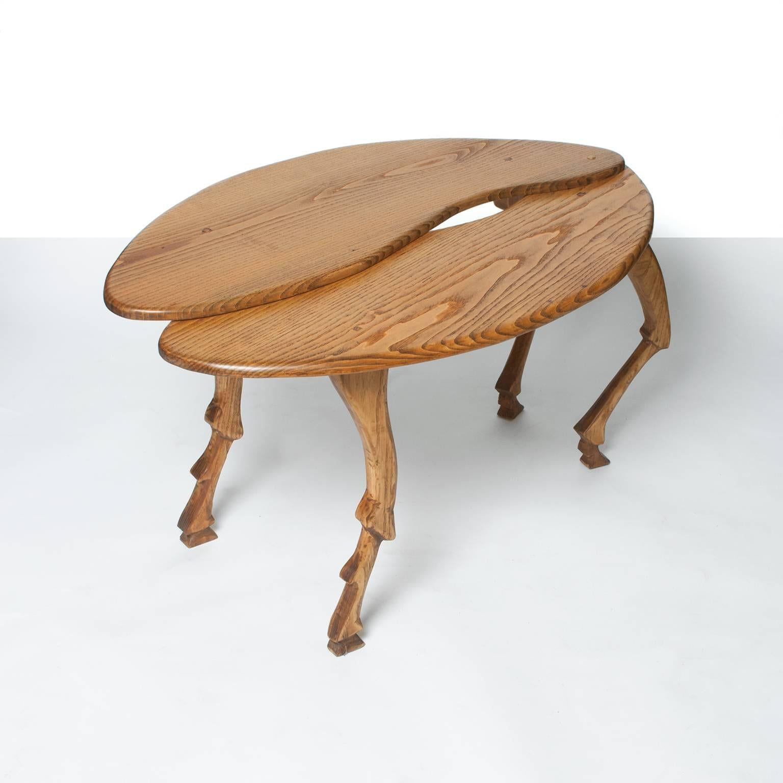 Scandinavian Modern Hand carved oak Surrealist insect low table with expandable surface 