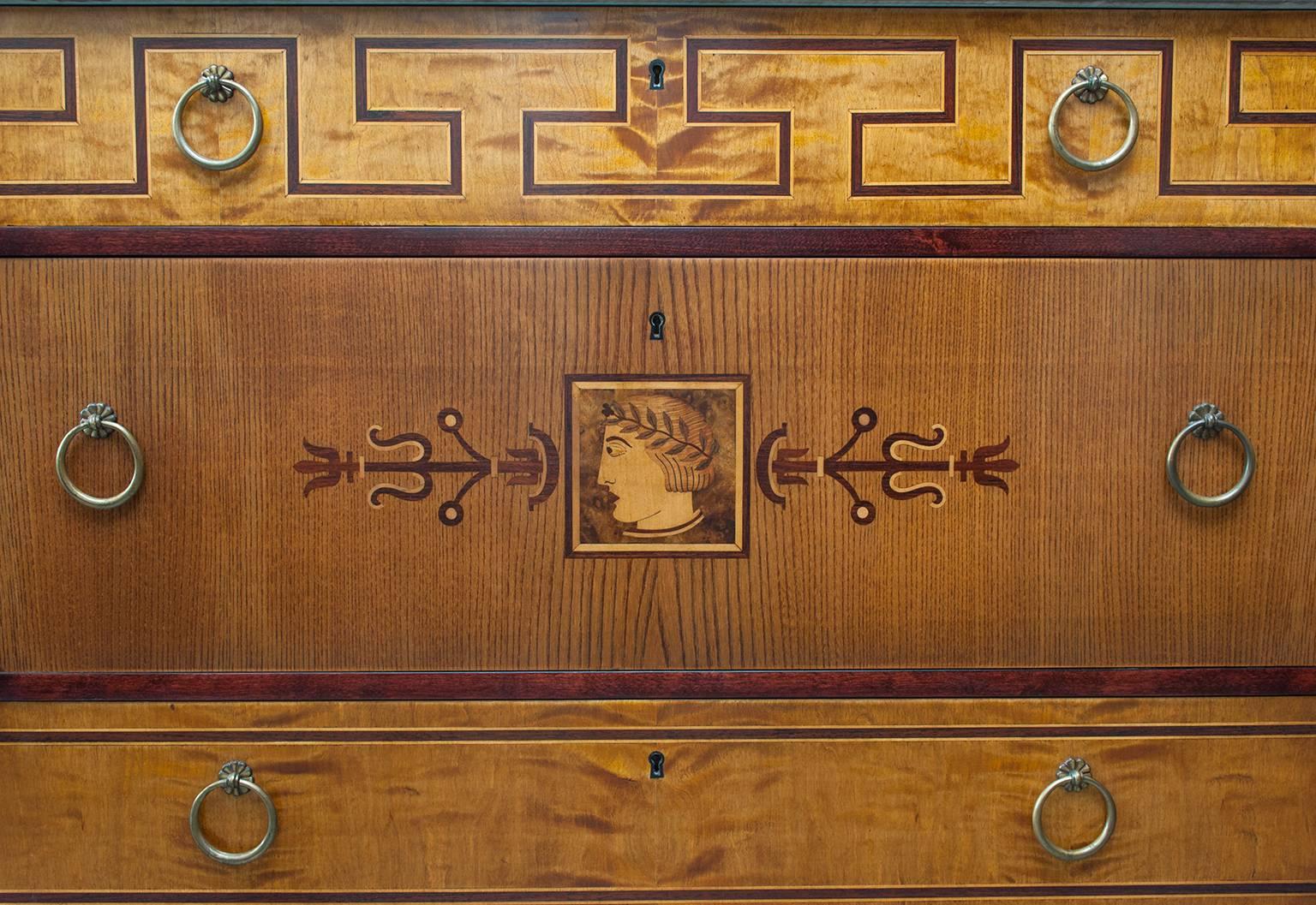 Elegant Swedish Art Deco Marquetry Chest with Limestone Top In Excellent Condition In New York, NY