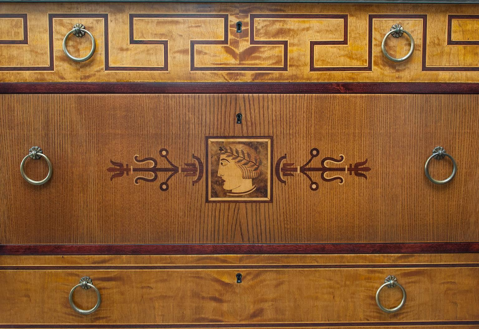 Elegant Swedish Art Deco Marquetry Chest with Limestone Top  In Excellent Condition In New York, NY