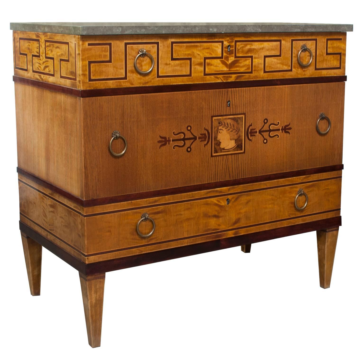 Elegant Swedish Art Deco Marquetry Chest with Limestone Top 