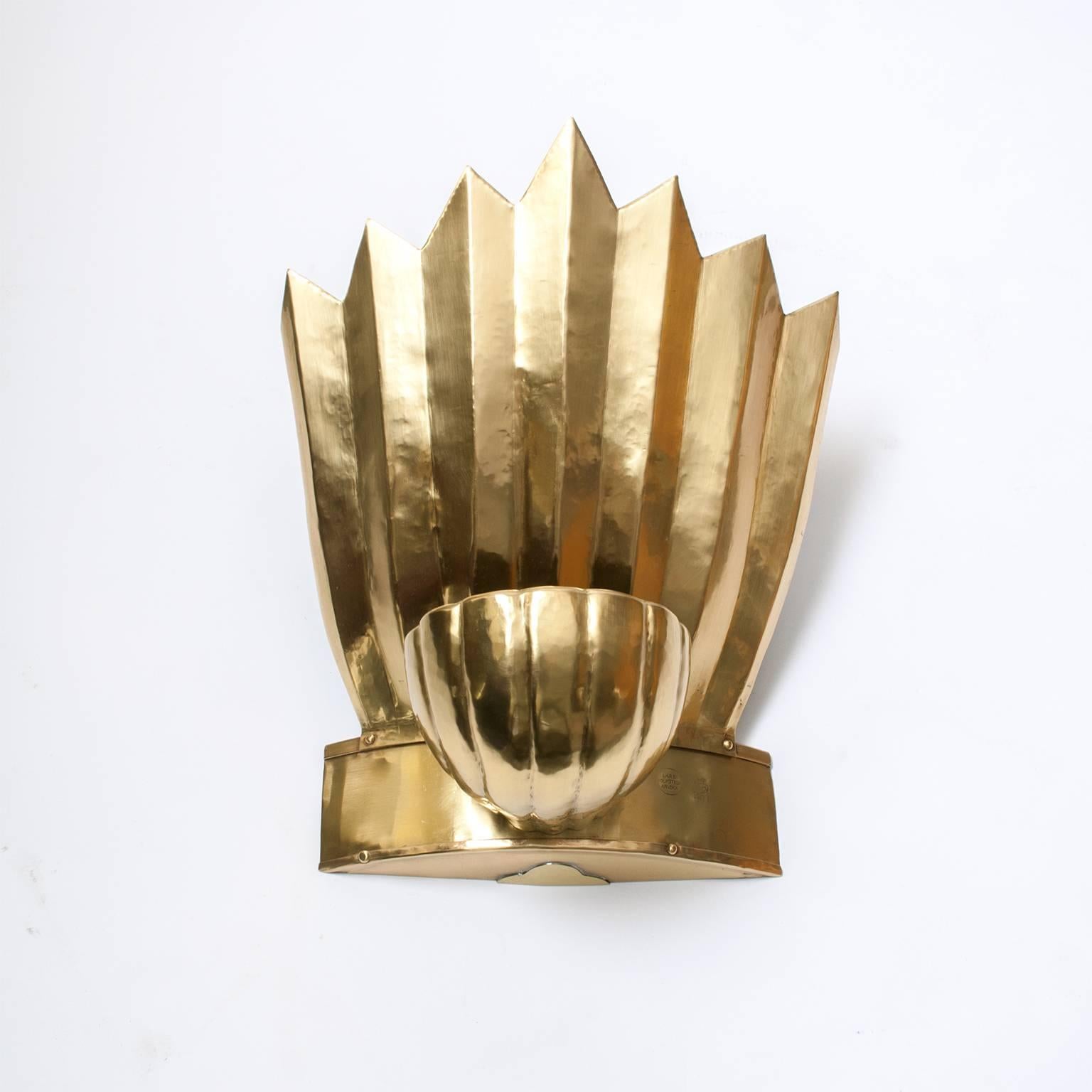 Polished Scandinavian Modern Brass Sconces Crown and Shell by Lars Holmstrom, Arvika