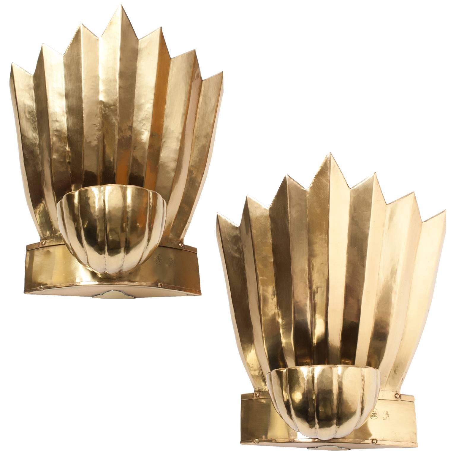 Scandinavian Modern Brass Sconces Crown and Shell by Lars Holmstrom, Arvika