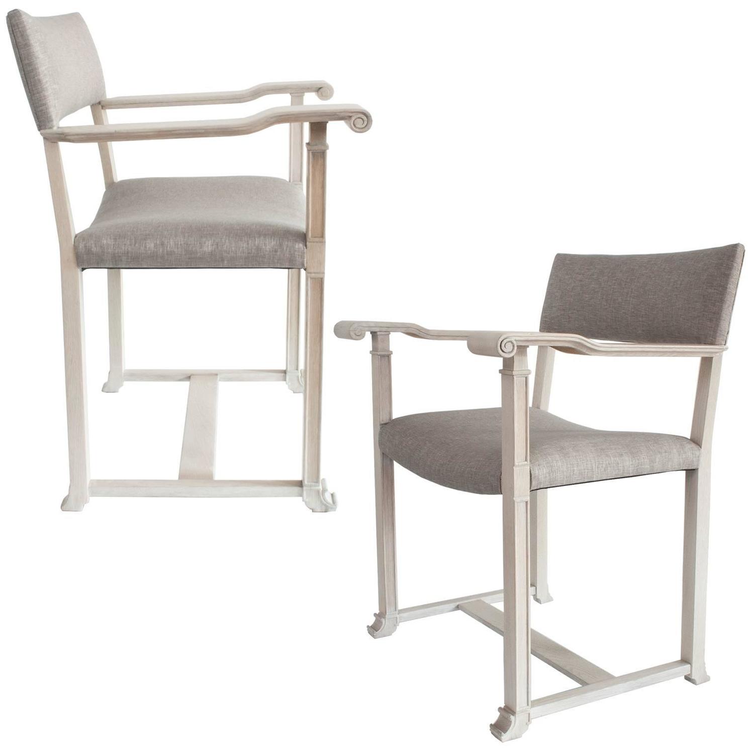 Pair of Scandinavian Modern White Oak Chairs with Scrolled Arms For