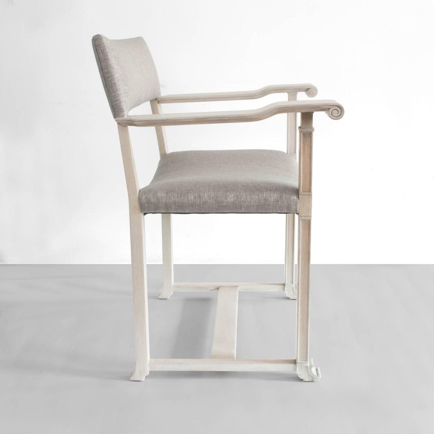 Pair of Scandinavian Modern White Oak Chairs with Scrolled Arms For