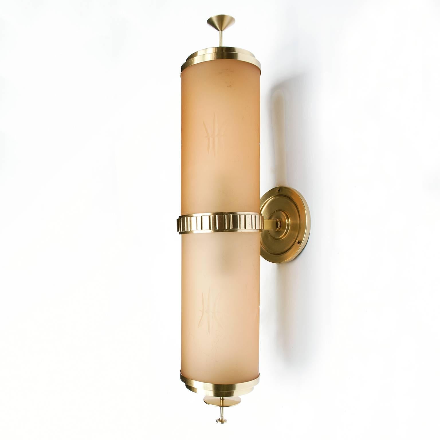 Polished Large Scandinavian Modern Swedish Art Deco Brass and Etched Glass Sconce
