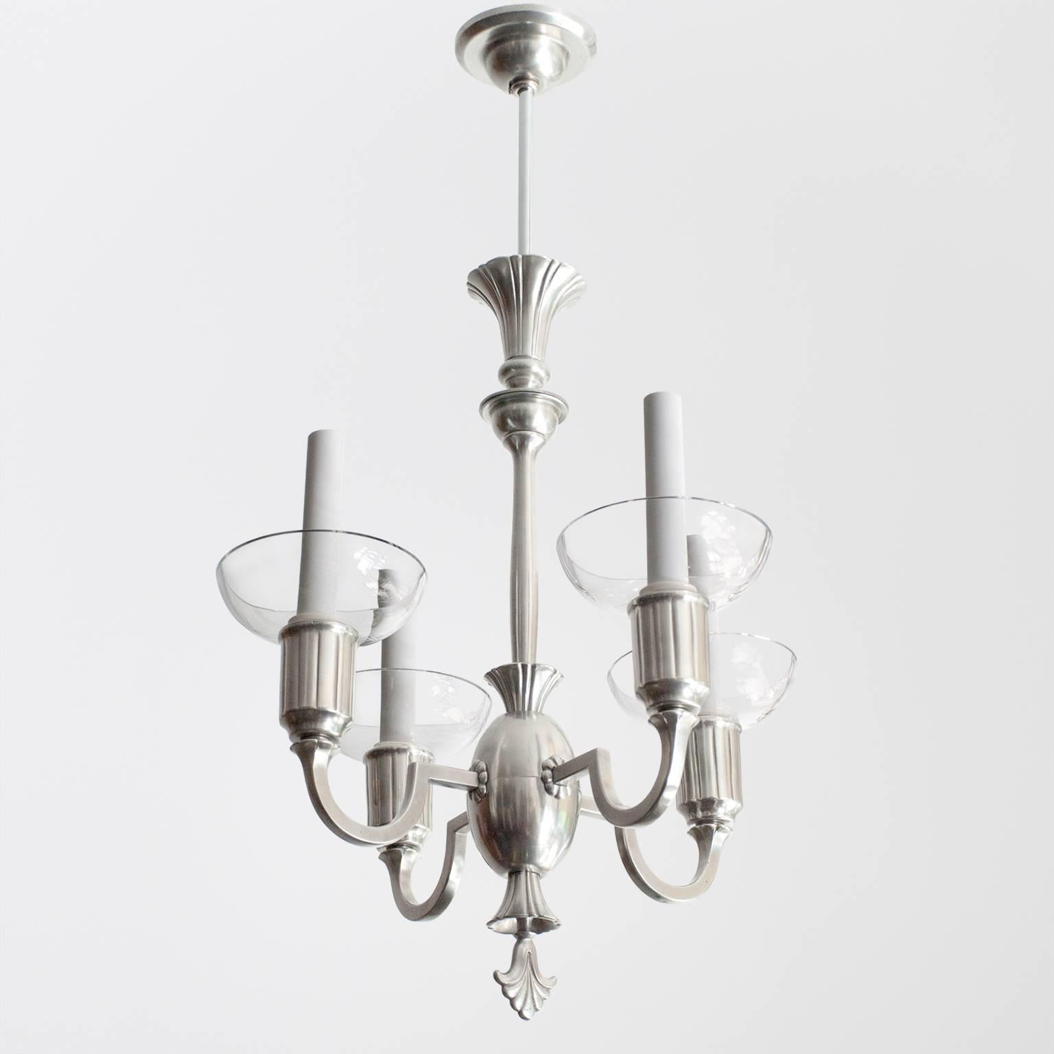 Delicate Swedish Art Deco Pewter and Crystal 4-Arm Chandelier In Excellent Condition In New York, NY