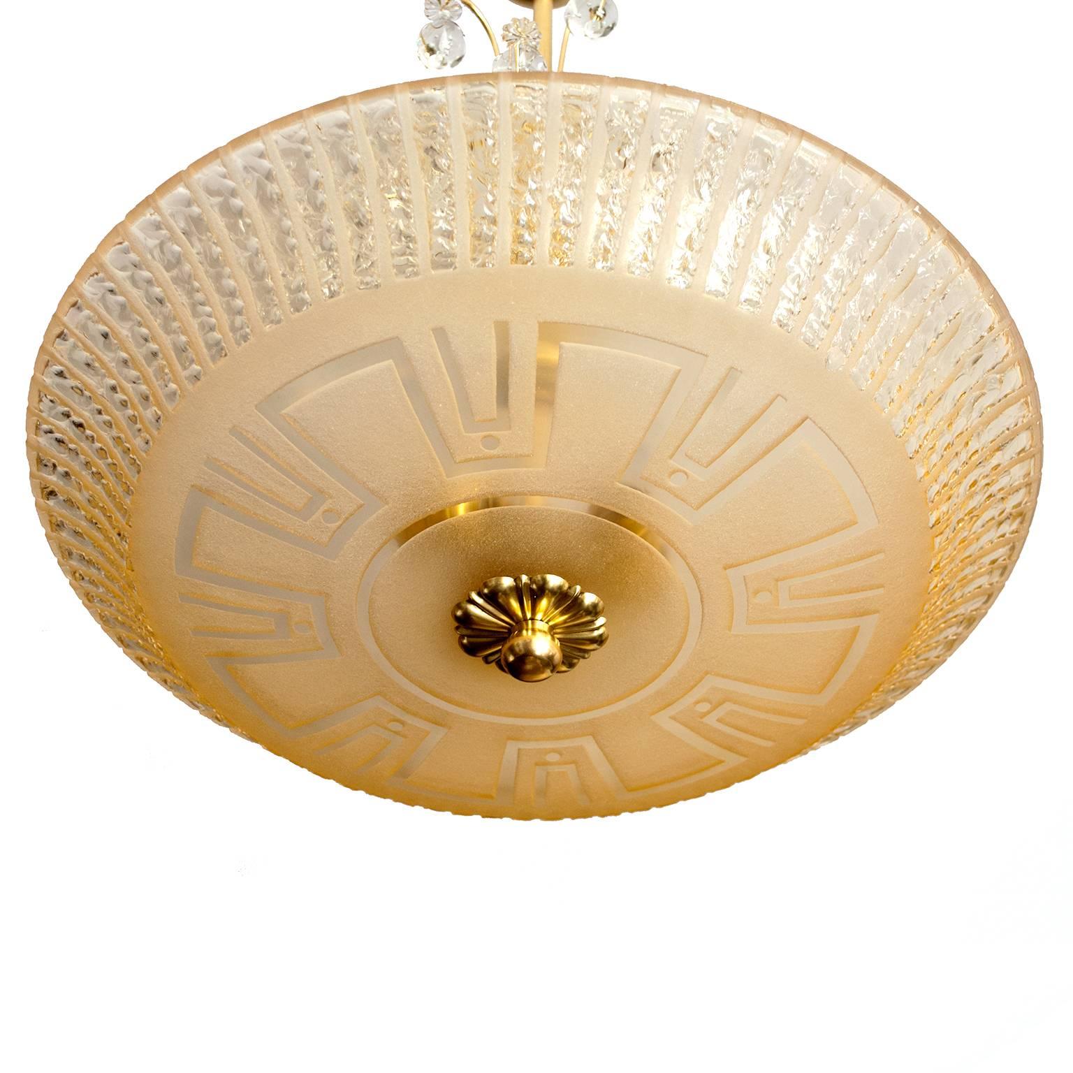 Scandinavian Modern Orrefors Swedish Chandelier Etched Meander Pattern In Excellent Condition In New York, NY