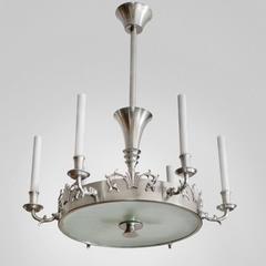 Swedish Art Deco 6-arm pewter chandelier by Carl Tingstrom