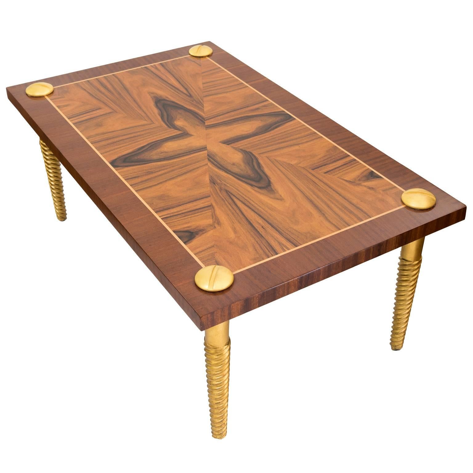 Midcentury Modern Marquetry Coffee Table with Giltwood "Screw" Legs