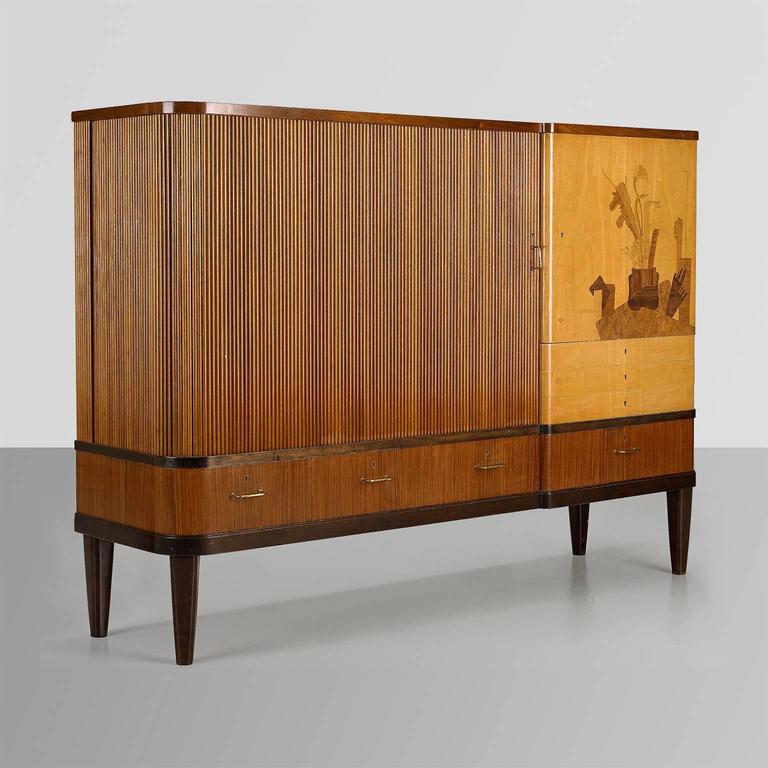 Scandinavian Modern Erik Chambert Cabinet With Tambour Door And Scandinavian Modern Erik Chambert Cabinet With Tambour Door And Marquetry In Excellent Condition For